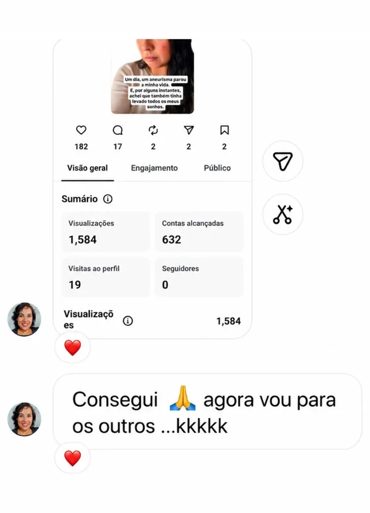 Painel de métricas do Instagram de outra participante: 1.584 visualizações e 632 contas alcançadas em um post. Ela comenta: Consegui, agora vou para os outros.